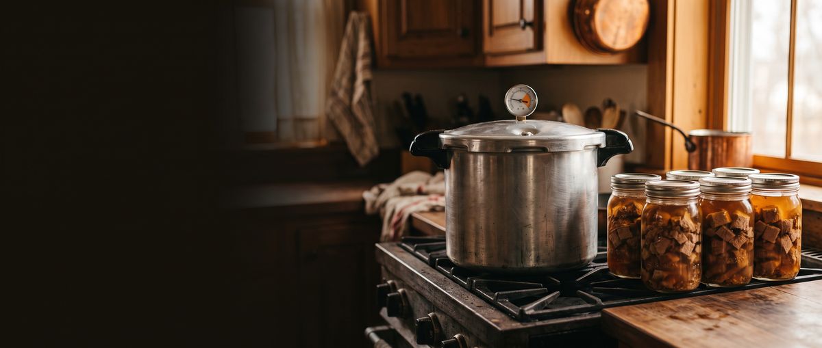 Pressure canner on a stove beside jars of canned venison