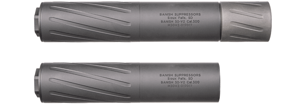 Two gray cylindrical firearm suppressors with diagonal grooves, labeled'BANISH SUPPRESSORS' and location text engraved on the side.