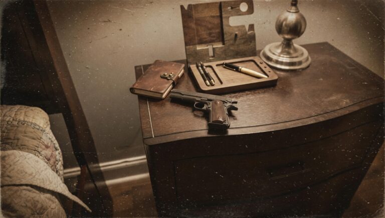 Typical night stand beside a bed with a 1911 pistol on top for protection