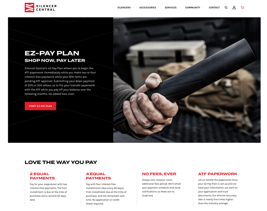 Split hero banner: left panel shows'EZ-PAY PLAN' with a red call-to-action button; right side features a close-up of a hand holding a silencer in a truck bed.