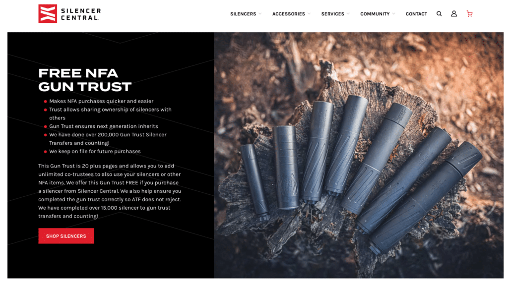 Split hero: left panel promotes'Free NFA Gun Trust' with bullet points and red 'Shop Silencers' button; right panel shows silencers on a tree stump.