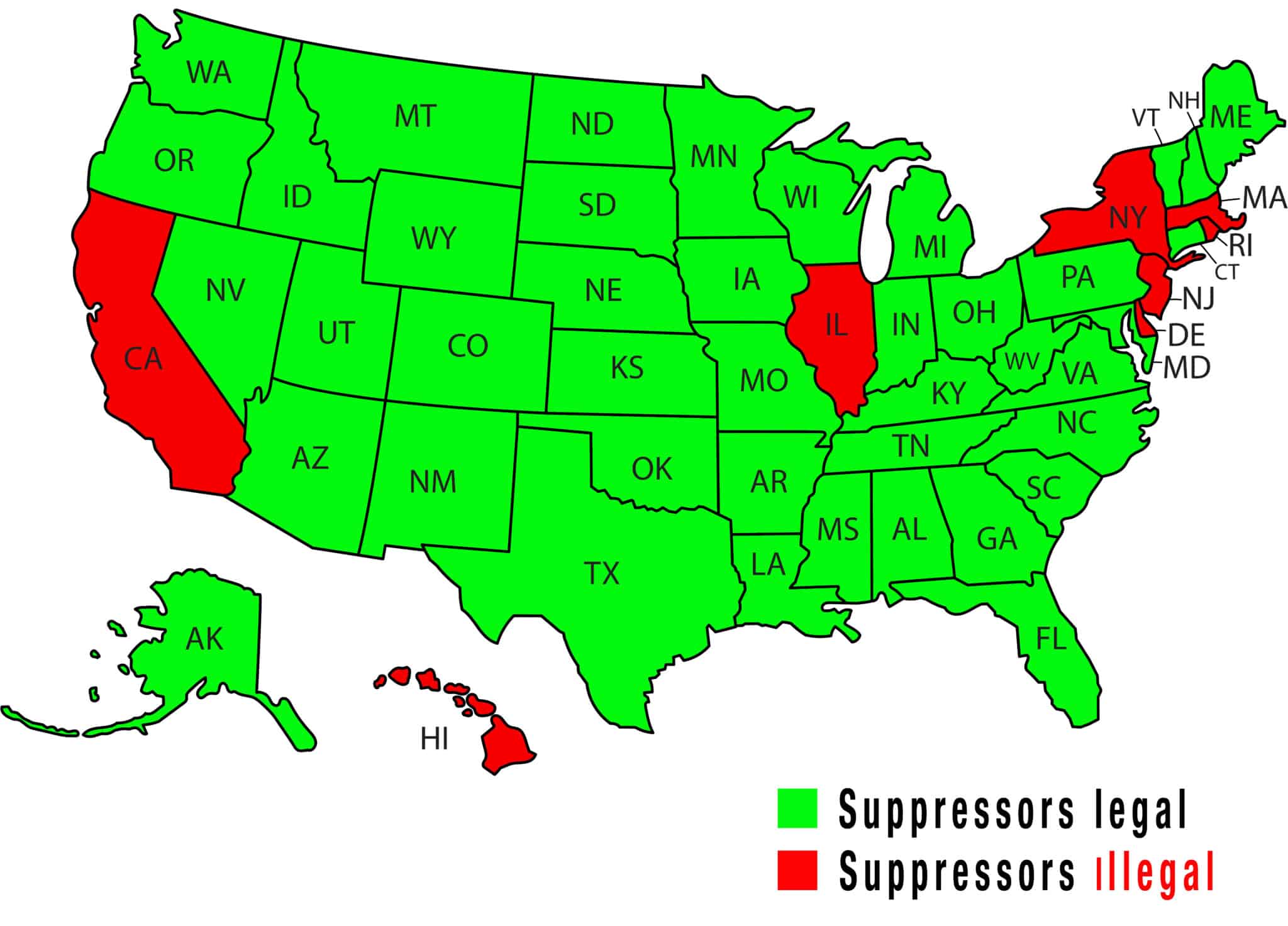 Map of the United States with states colored green for 'suppressors legal' and red for 'suppressors illegal'; legend shows status by color.