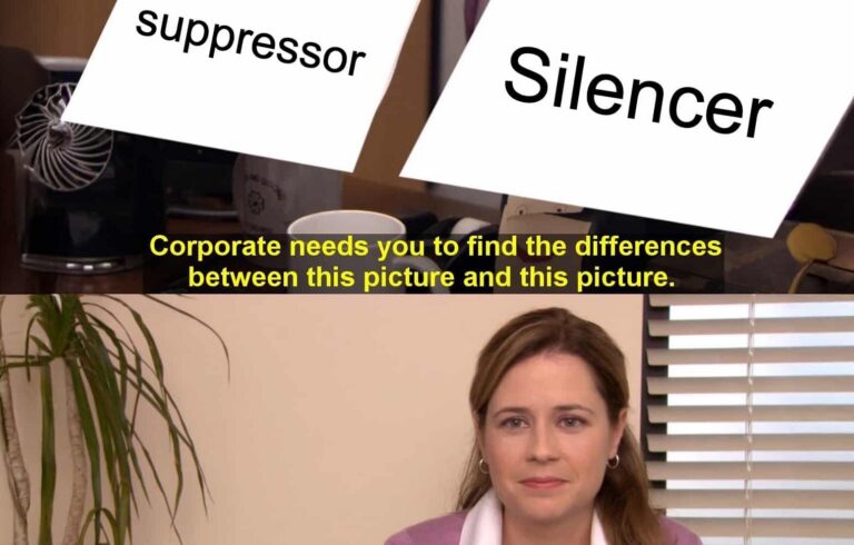 Office woman seated at a desk; meme text reads 'Corporate needs you to find the differences between this picture and this picture,' with signs labeled 'suppressor' and 'Silencer'