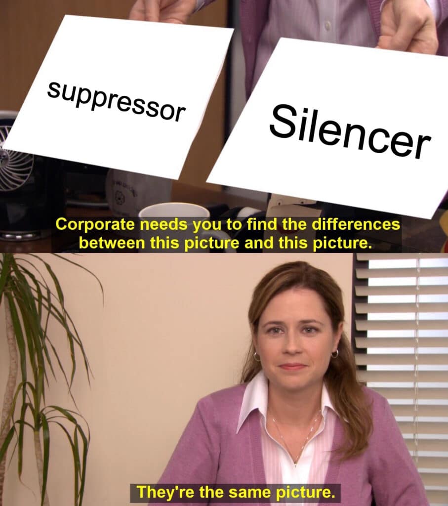 The office find the difference meme between a suppressor and a silencer