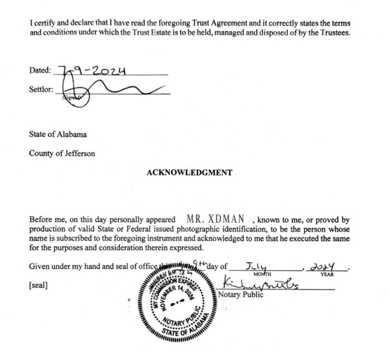 Page from a trust agreement acknowledgment with a handwritten date and a circular notary seal and signatures at the bottom edge of the page.