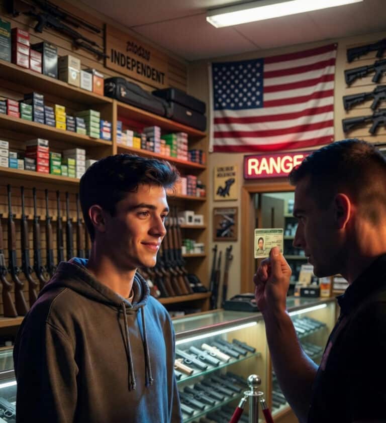 Two men in a gun shop: one smiling customer facing the clerk who holds up an ID card; rifles and ammo on display behind them, American flag in view.