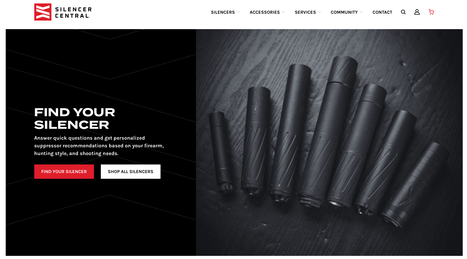 Hero banner with left text'Find Your Silencer' and two CTAs; right shows black rifle suppressors on a dark wooden surface.
