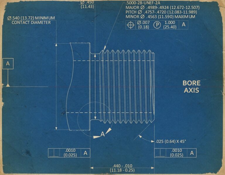 Machining blueprint of a threaded bore with external threads; bore axis labeled, with dimension lines and A callouts