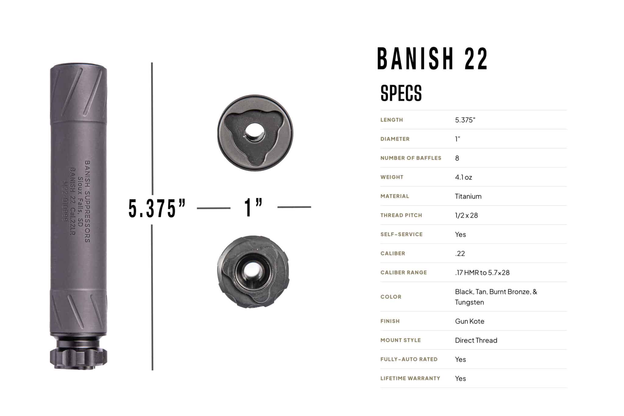 Infographic of Banish 22 suppressor specs with dimensions: 5.375" length, 1" diameter, 8 baffles; weight 4.1 oz; titanium; 1/2 x 28 thread; direct thread mount; color options shown on right.
