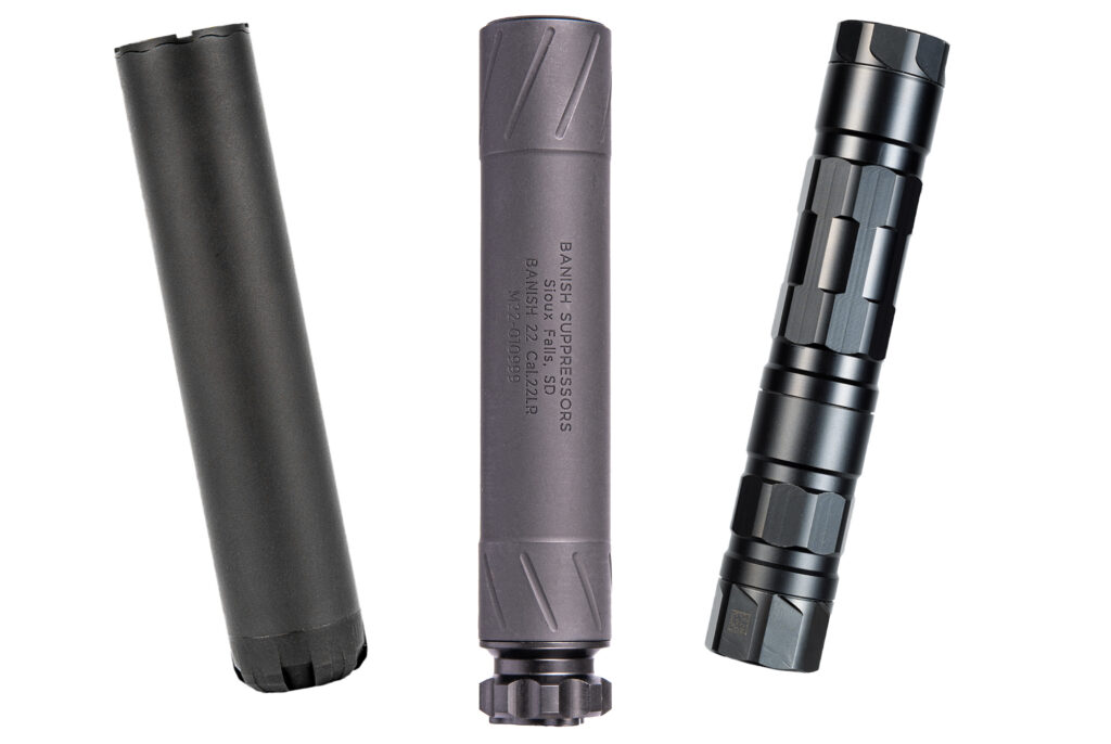 Banish 22 compared - PopularSuppressors Three firearm suppressors (silencers) in a row on a white background with different finishes (black, gray, and metallic).