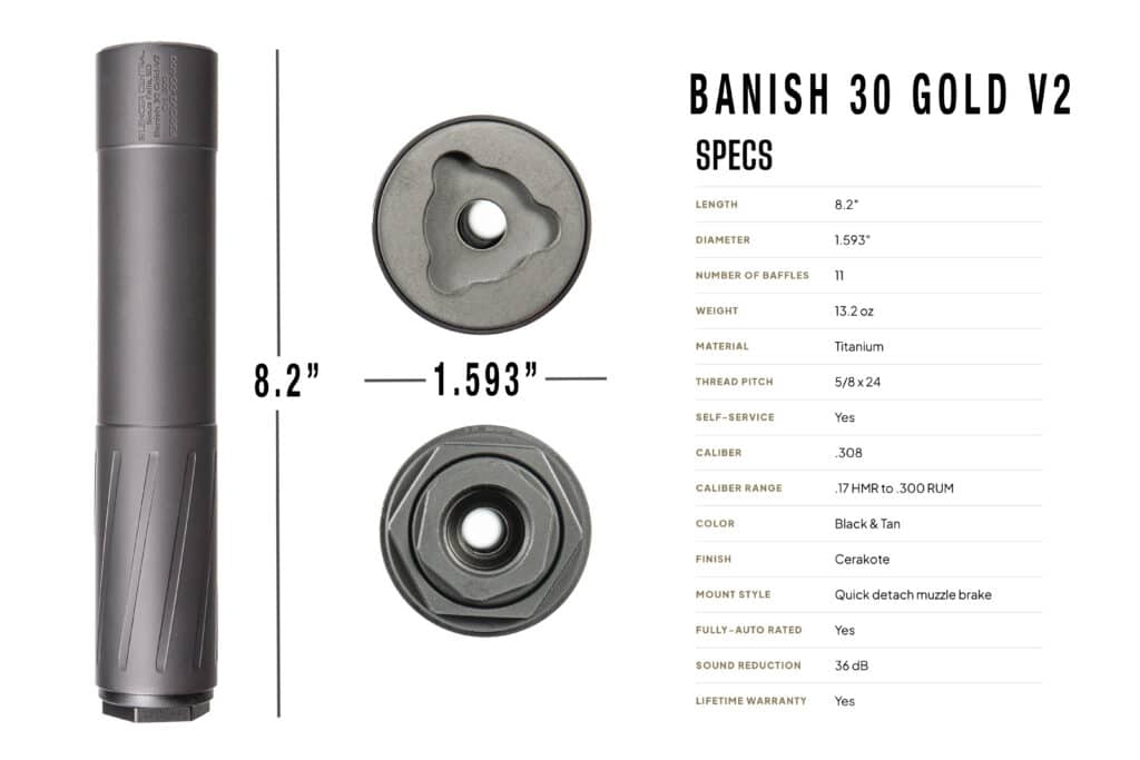 Black oxide rifle suppressor with measurement lines showing 8.2 inches length and 1.593 inch diameter alongside a specs list titled'BANISH 30 GOLD V2'