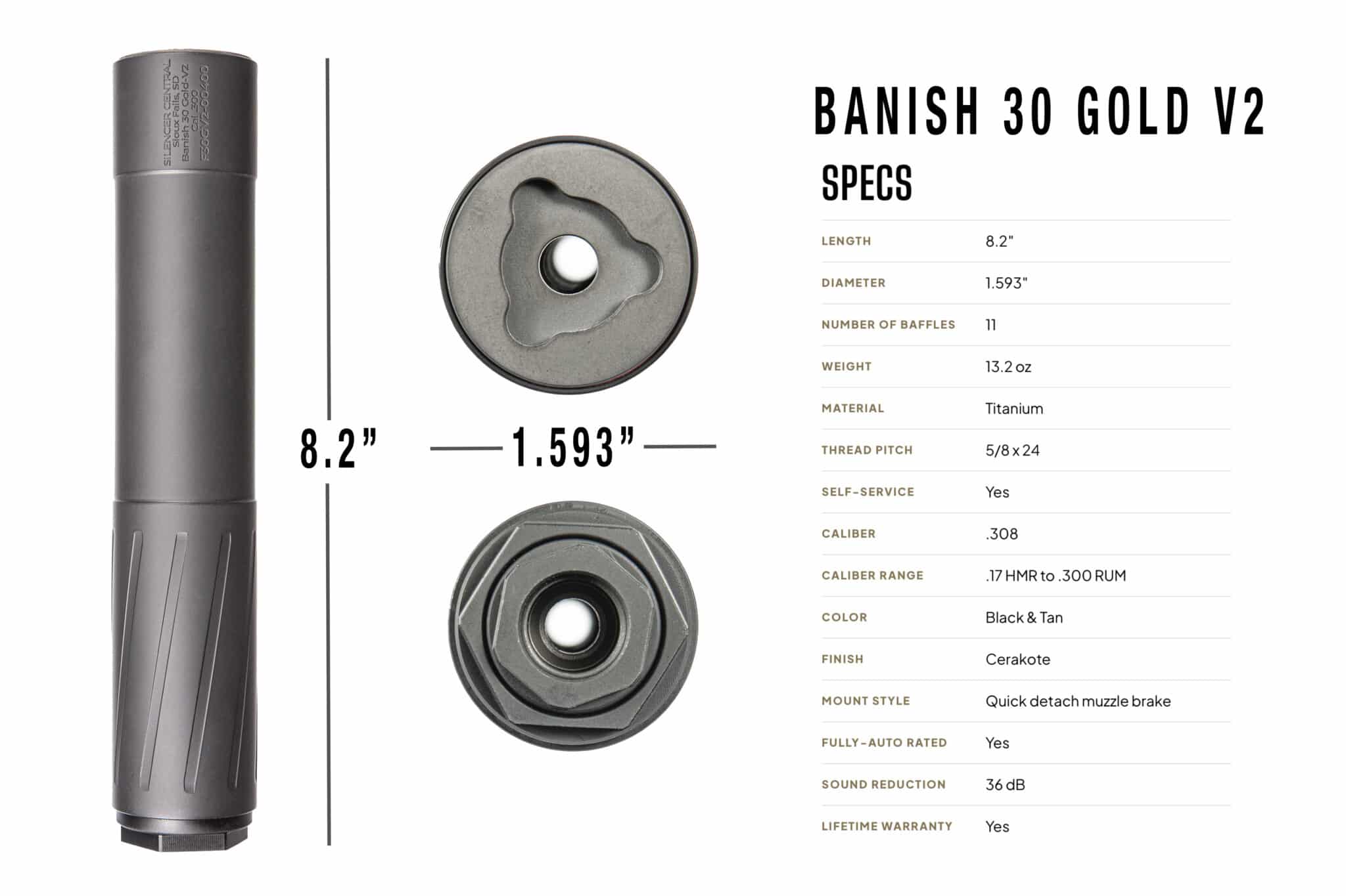 Black oxide rifle suppressor with measurement lines showing 8.2 inches length and 1.593 inch diameter alongside a specs list titled'BANISH 30 GOLD V2'