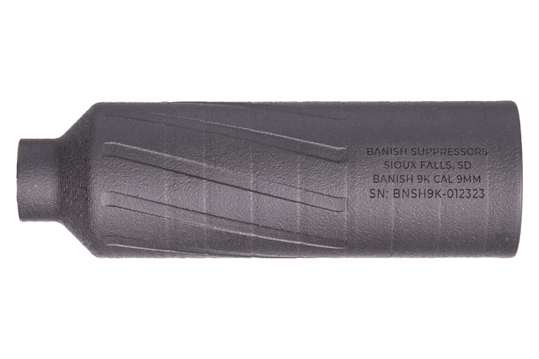 Black Banish 9K 9mm suppressor with diagonal grooves and engraved serial SN: BNSH9K-012323