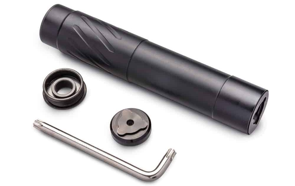 Banish46-v2-Product-Image-2 - PopularSuppressors Compact black flashlight with its end cap, lens cover, and an Allen wrench laid out on a white background