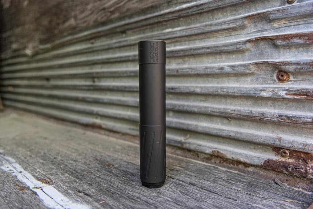 BANISH Gold 30-V2 titanium suppressor side profile showing the engraved Gold 30 marking and direct-thread .30 caliber mount
