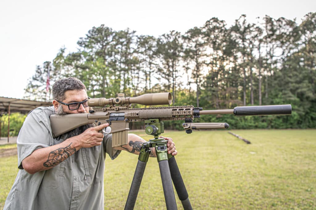 BANISH Gold 30-V2 multi-caliber titanium rifle suppressor mounted on a precision bolt-action for live-fire testing