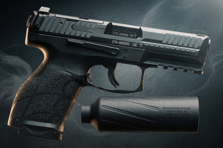 Black semi-automatic pistol with textured grip and attached suppressor on a dark background.