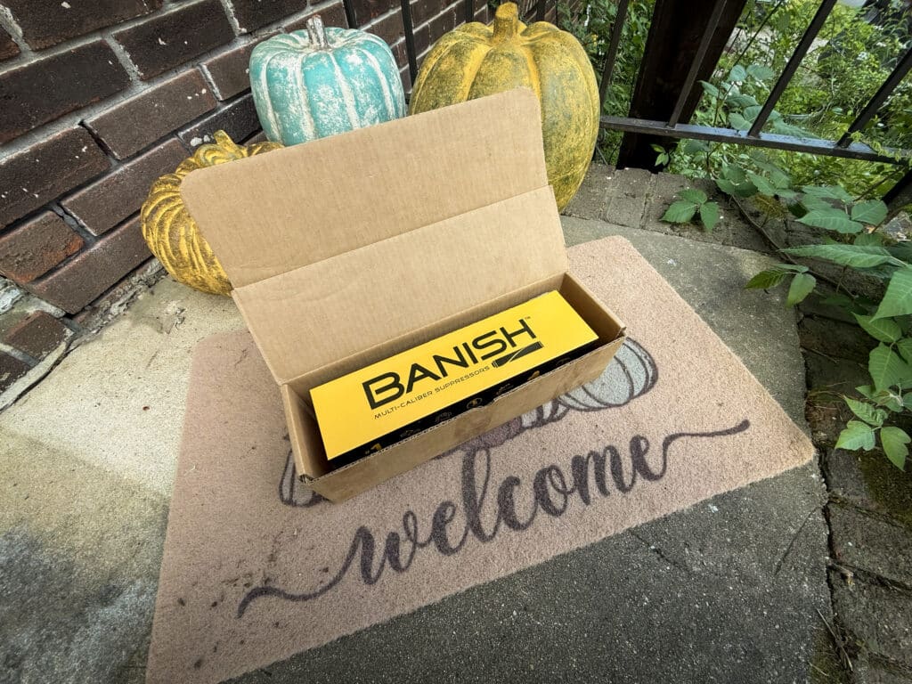 Open cardboard box on a welcome mat outside, containing a yellow BANISH package; pumpkins sit against a brick wall nearby.