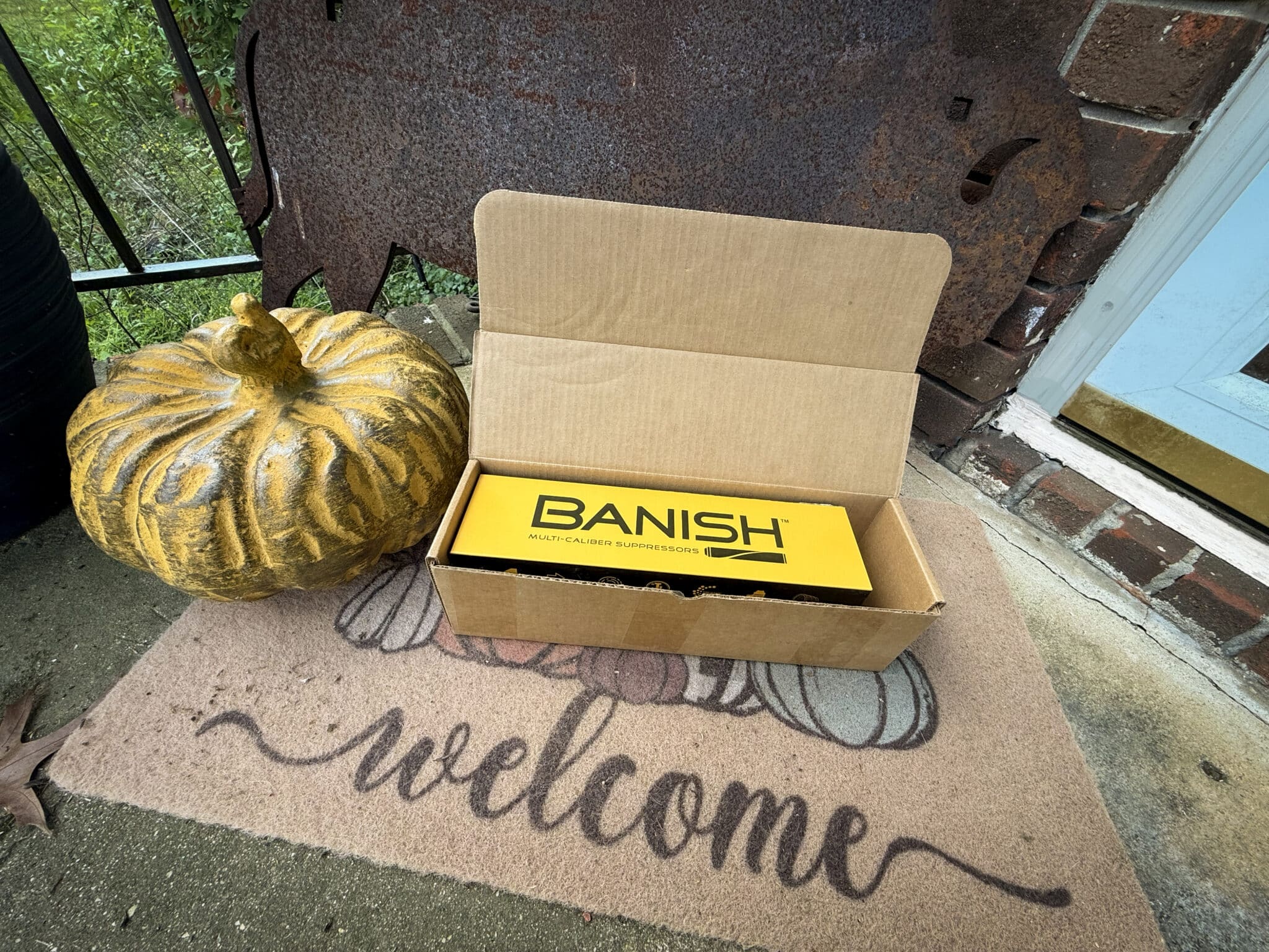 Orange pumpkin beside an open cardboard box holding a yellow Banish product on a brick porch with a decorative welcome mat.