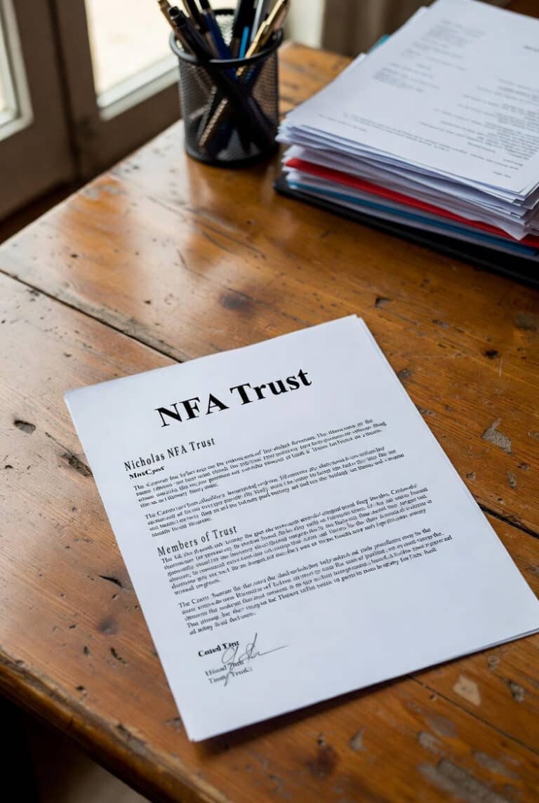 Document titled 'NFA Trust' on a wooden desk with a pen holder and a stack of papers nearby, signature line visible at bottom edge.