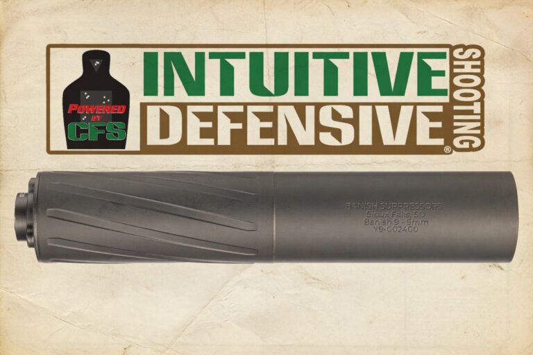 Ad banner for Intuitive Defensive Guns featuring a large gray rifle suppressor across the bottom and a logo on the left side reading 'Powered by CFS' with bold green and beige typography above.
