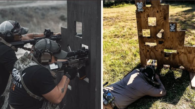 Two armed marksmen in tactical gear aiming rifles through a wooden barricade (split image).