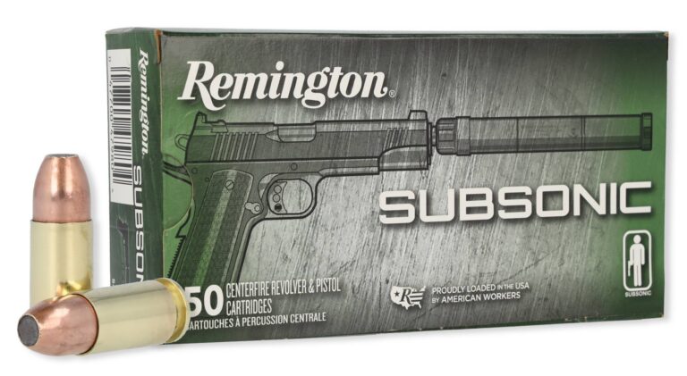 Box of Remington Subsonic ammunition with two copper bullets beside it, on a white background.