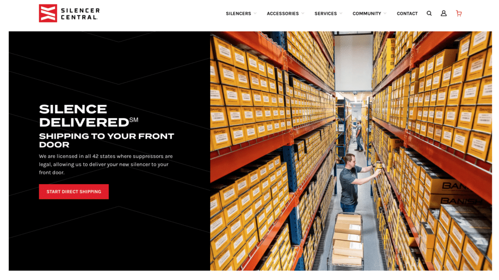 Silencer Central Form 4 detail — Hero split: left side black with bold'SILENCE DELIVERED' message and red 'Start Direct Shipping' button; right side aisle of yellow boxes in a warehouse.