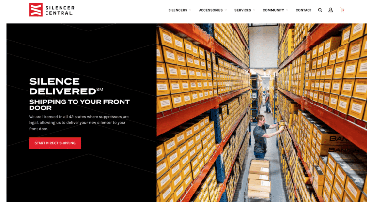 Hero split: left side black with bold 'SILENCE DELIVERED' message and red 'Start Direct Shipping' button; right side aisle of yellow boxes in a warehouse.