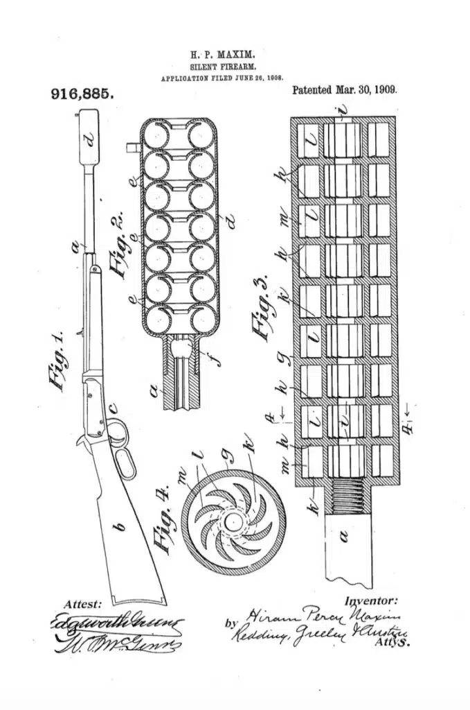 The Armory Life-1909-patent-drawing-for-the-maxim-silencerjpg - PopularSuppressors Patent drawing of H. P. Maxim silent firearm: side view of rifle with stock and trigger, plus internal mechanisms and a multi-chamber cartridge magazine diagram shown in front view.
