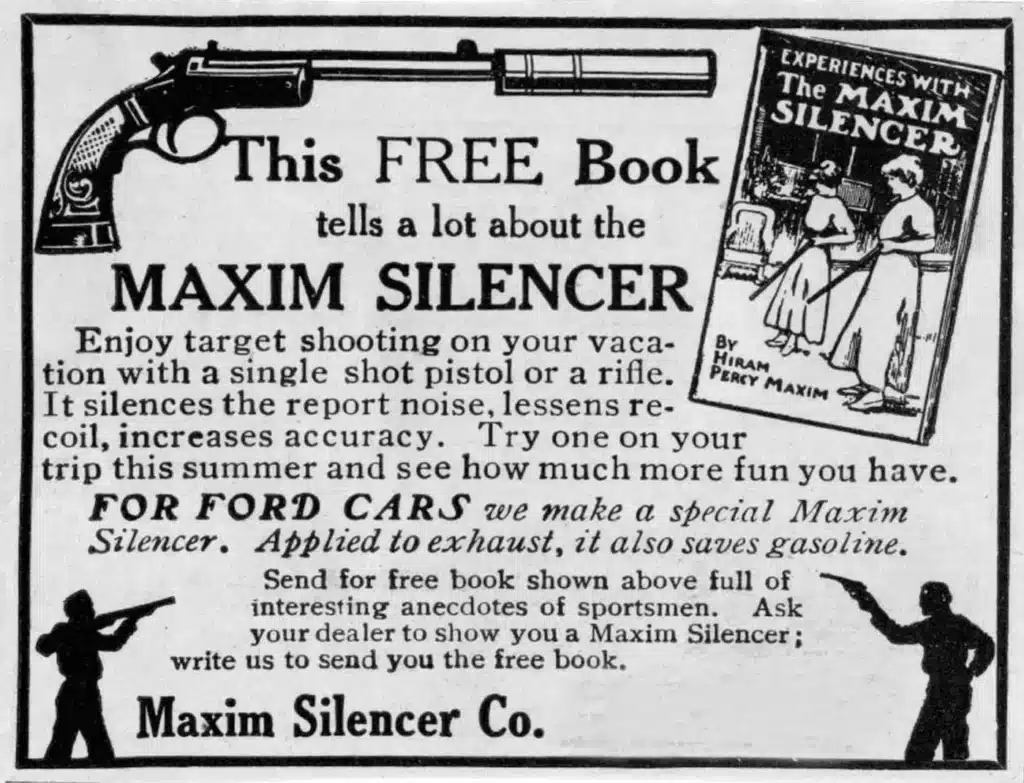 The Armory life- maxim-silencer-advertisementjpg - PopularSuppressors Vintage advertisement for Maxim Silencer: a large revolver graphic above text about a free book and the Maxim Silencer.