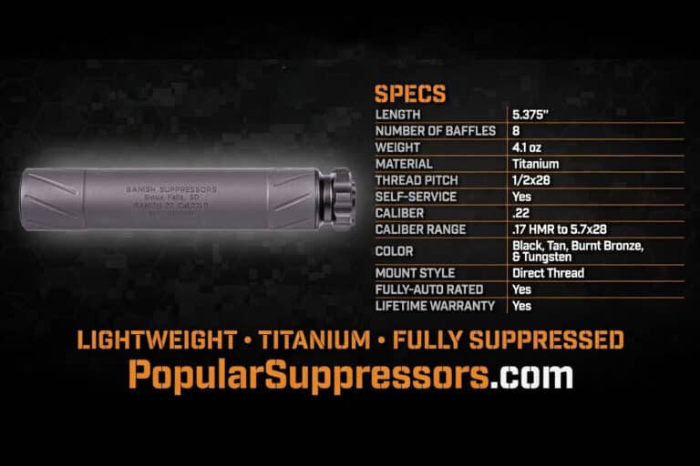 Advertisement for Popular Suppressors: titanium lightweight fully suppressed 22 Caliber muzzle device with specs list on right and product image left.