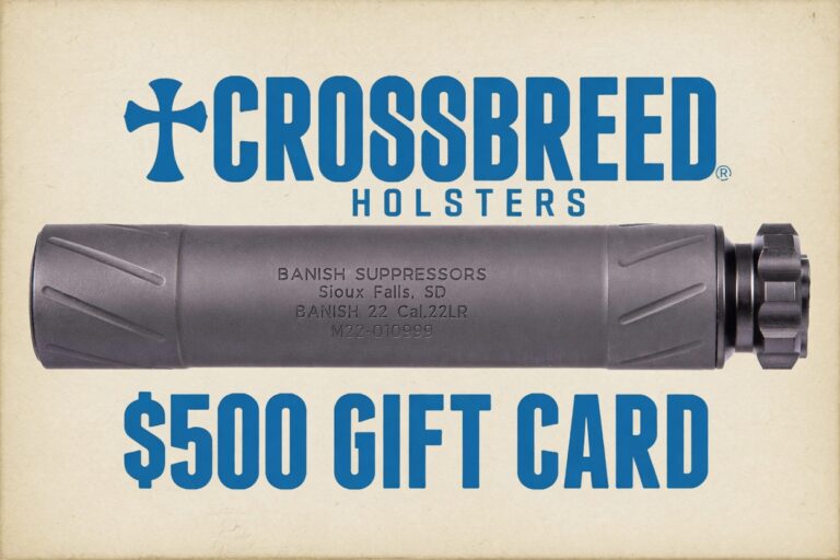 CrossBreed Holsters $500 gift card featuring a horizontal gun suppressor image with a blue logo above and below.