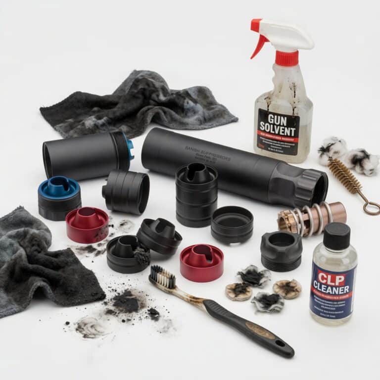 Gun cleaning kit with solvent bottle, CLP cleaner, brushes, patches, and rags on a white surface.