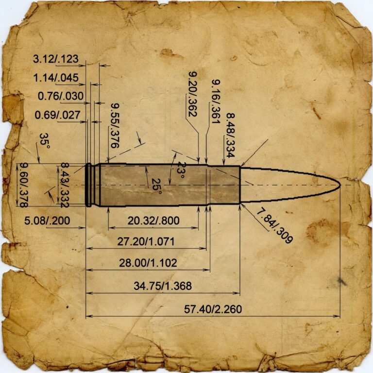 Technical cross-section of a cartridge with labeled dimensions (mm and inches) showing the bullet, neck, and body geometry.