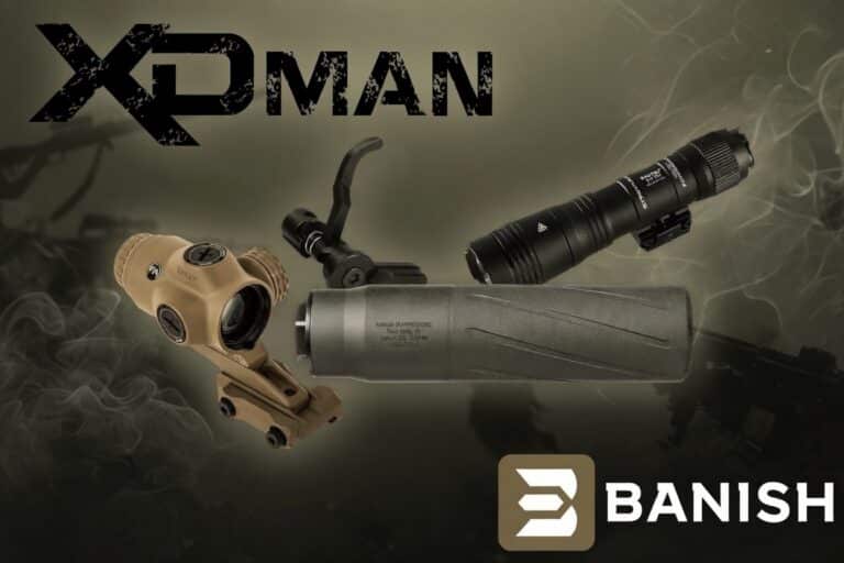 Promotional image of tactical firearm accessories: tan optic sight, gray suppressor, and a black flashlight on a smoky background with XD MAN and BANISH branding.