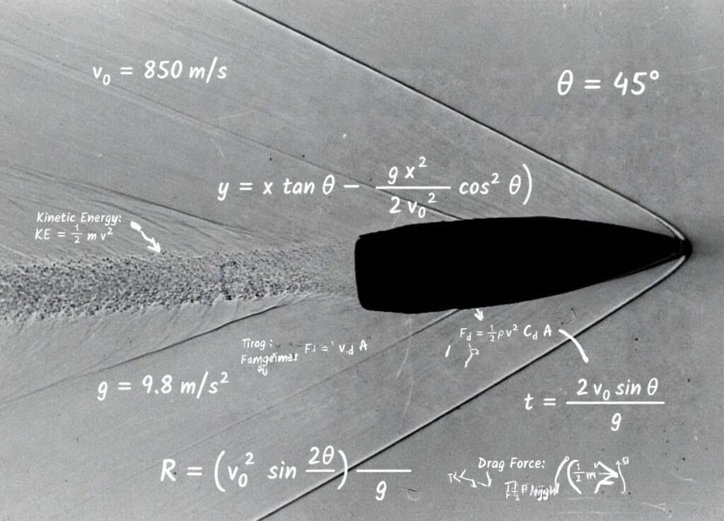 Dark, curved aerodynamic object on a gray surface with white handwritten physics formulas surrounding it (velocity, gravity, drag). It resembles an engineering concept illustration.