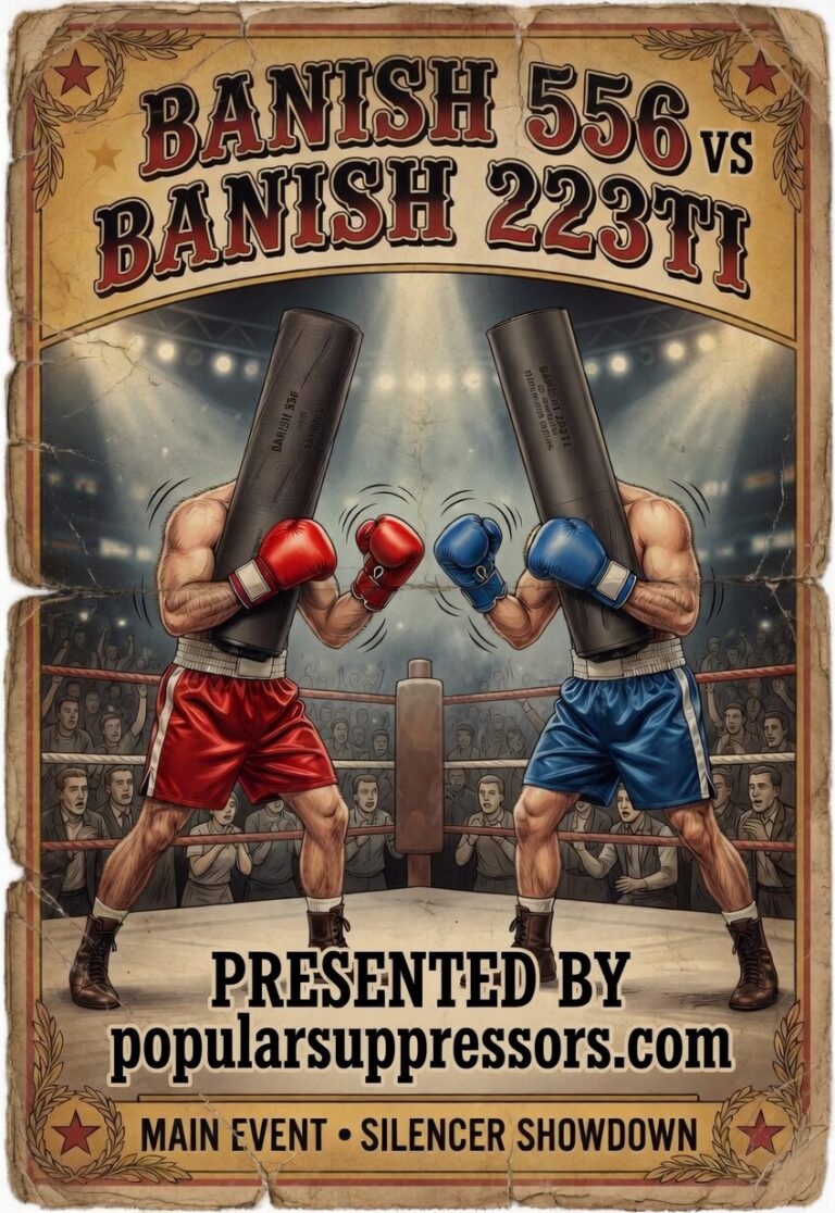 Vintage-style boxing poster showing two fighters with oversized rolling pins for fists, labeled 'Banish 556 vs Banish 223TT' in a crowded arena.
