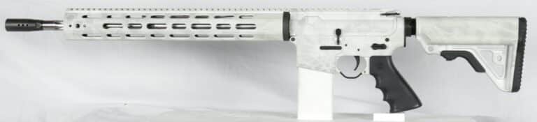 White camouflage AR-style rifle with black grip, shown on its side against a white background.