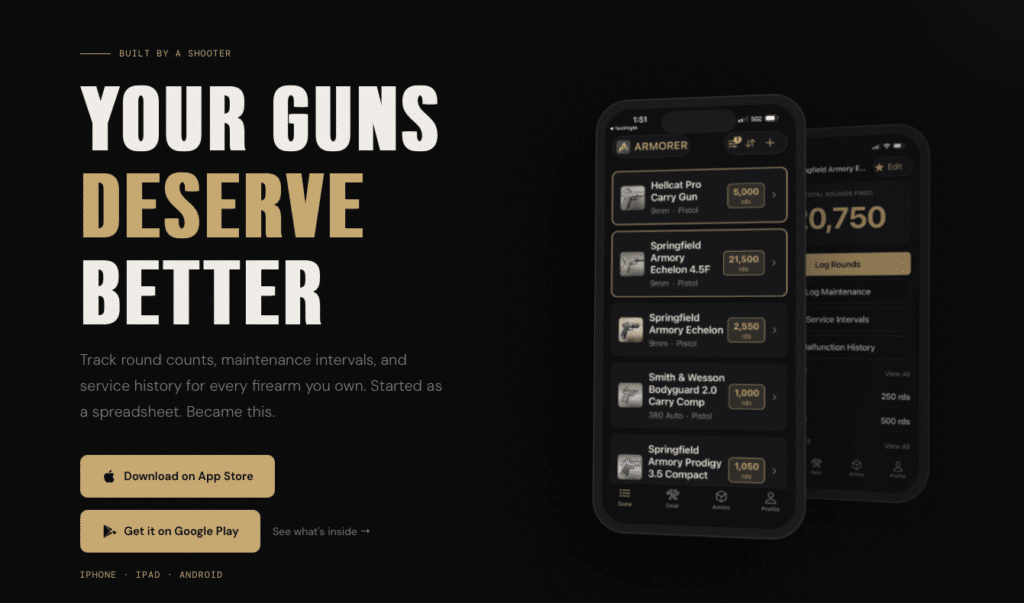 Dark hero banner promoting a firearm maintenance app: large bold headline on the left with app screenshots on a phone display to the right, set on a black gradient background.