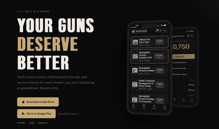 Dark hero banner promoting a firearm maintenance app: large bold headline on the left with app screenshots on a phone display to the right, set on a black gradient background.