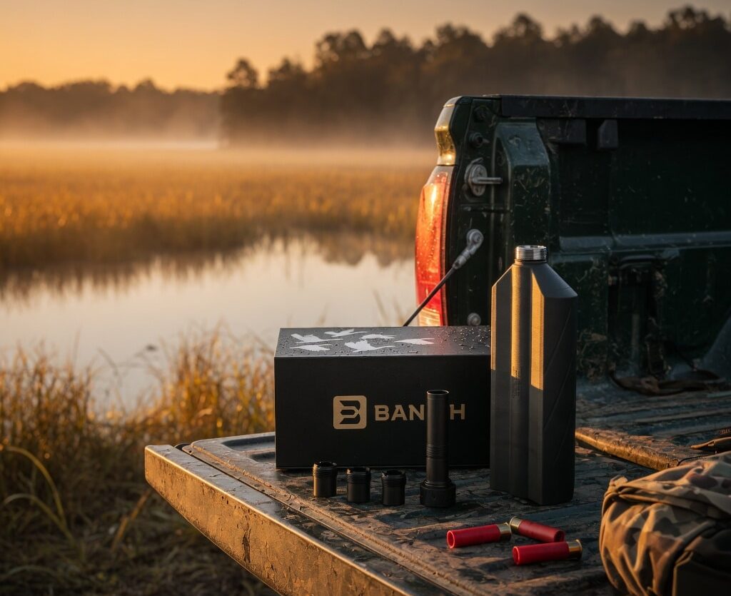 BANISH 12 Truck bed - PopularSuppressors Truck bed at dawn with a black Banth box, a tall bottle, and scattered red shotgun shells on a muddy tailgate.