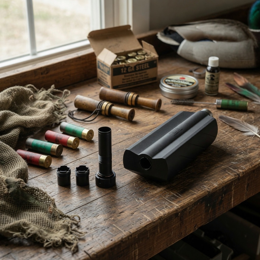 Shotgun cleaning kit and assorted shells on a wooden workbench by a window, with oil and brushes nearby.