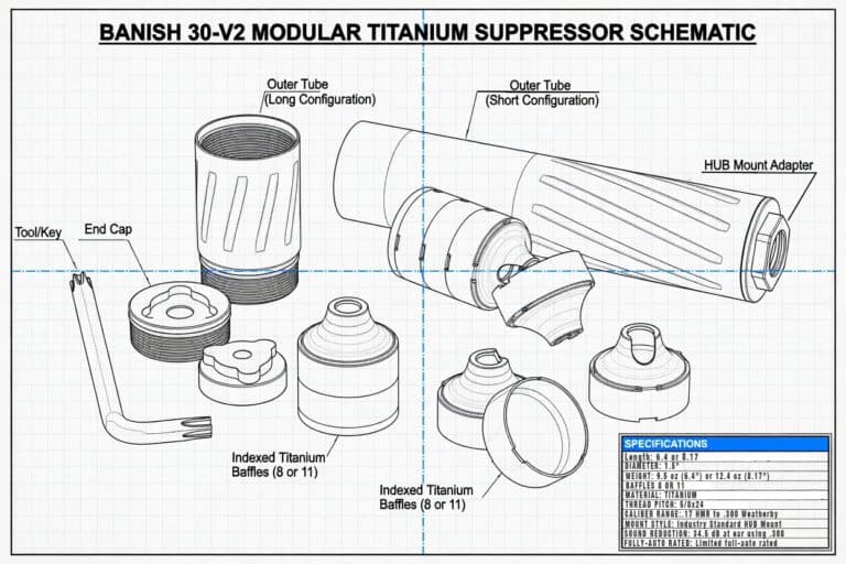 Exploded schematic of Banish 30-V2 Modular Titanium Suppressor showing outer tubes, end caps, baffles, hub mount, and tools for assembly.