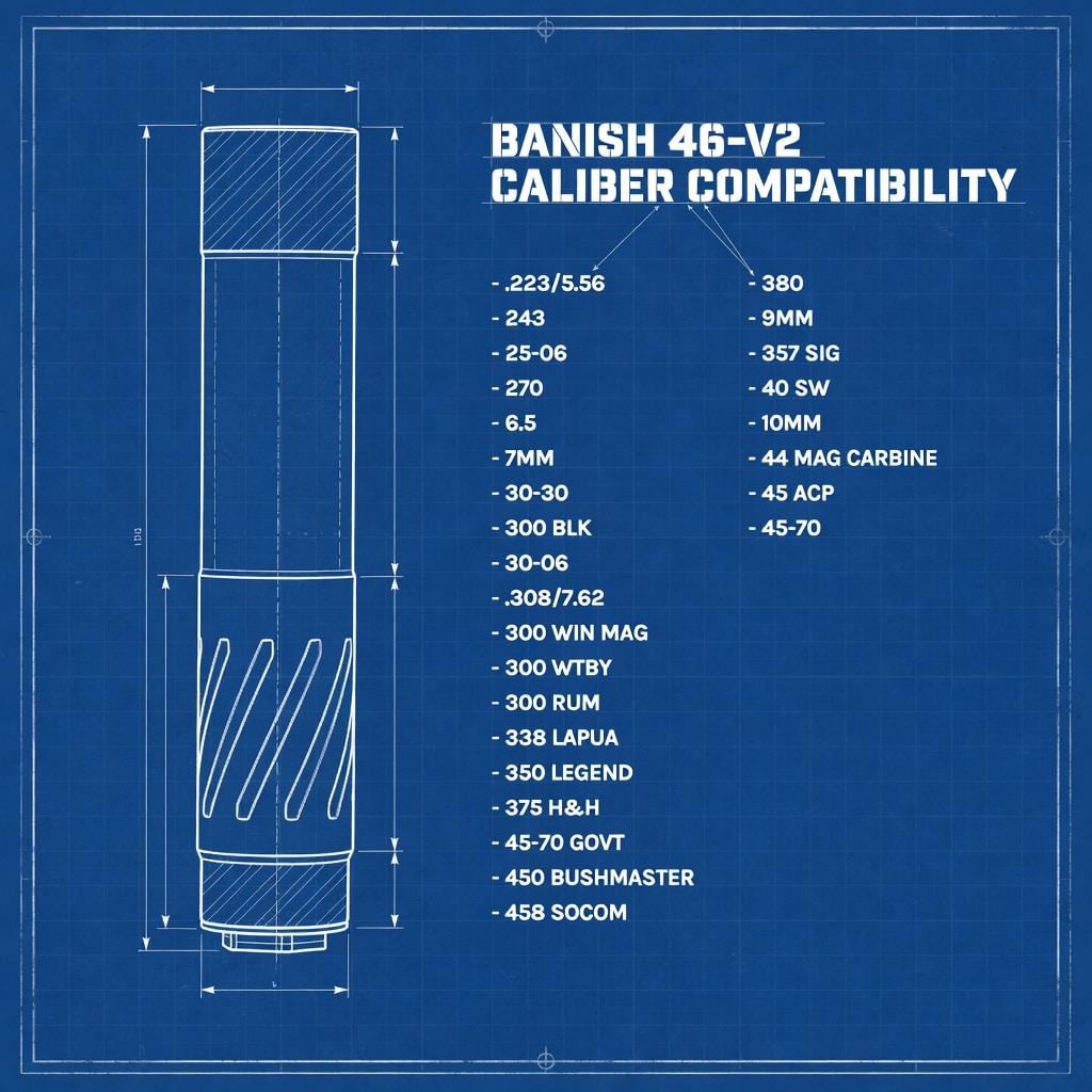 Blueprint diagram of a cylindrical device with a textured grip, titled 'Banish 46-V2 Caliber Compatibility', listing two columns of pistol and rifle calibers (e.g., .223/5.56, .243, .308/7.62, 9mm, .45 ACP, 30-06, .338 Lapua, 45-70) and dimension arrows.