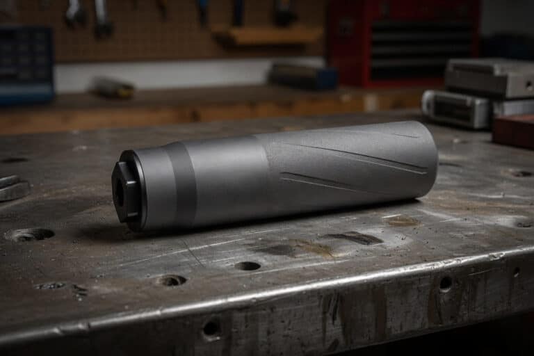Cylindrical metal tool part lying on a worn workshop workbench with ridged grooves along its side