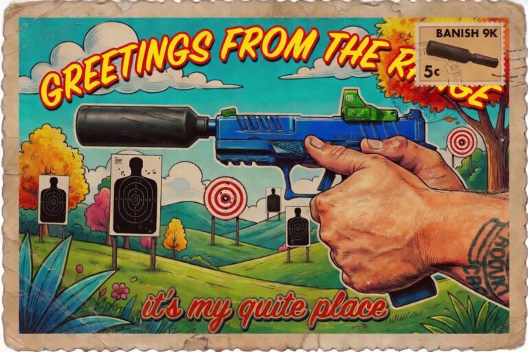 BANISH 9K hero card — vintage cartoon poster with toy gun aimed at targets in a sunny countryside, captioned 'it’s my quiet place'.