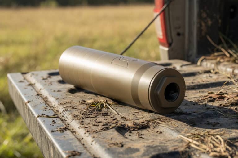 Stainless steel water bottle resting on the tailgate of a pickup truck in a dusty, grassy field outside. The bottle is lying on its side with a screw-on cap facing the viewer.