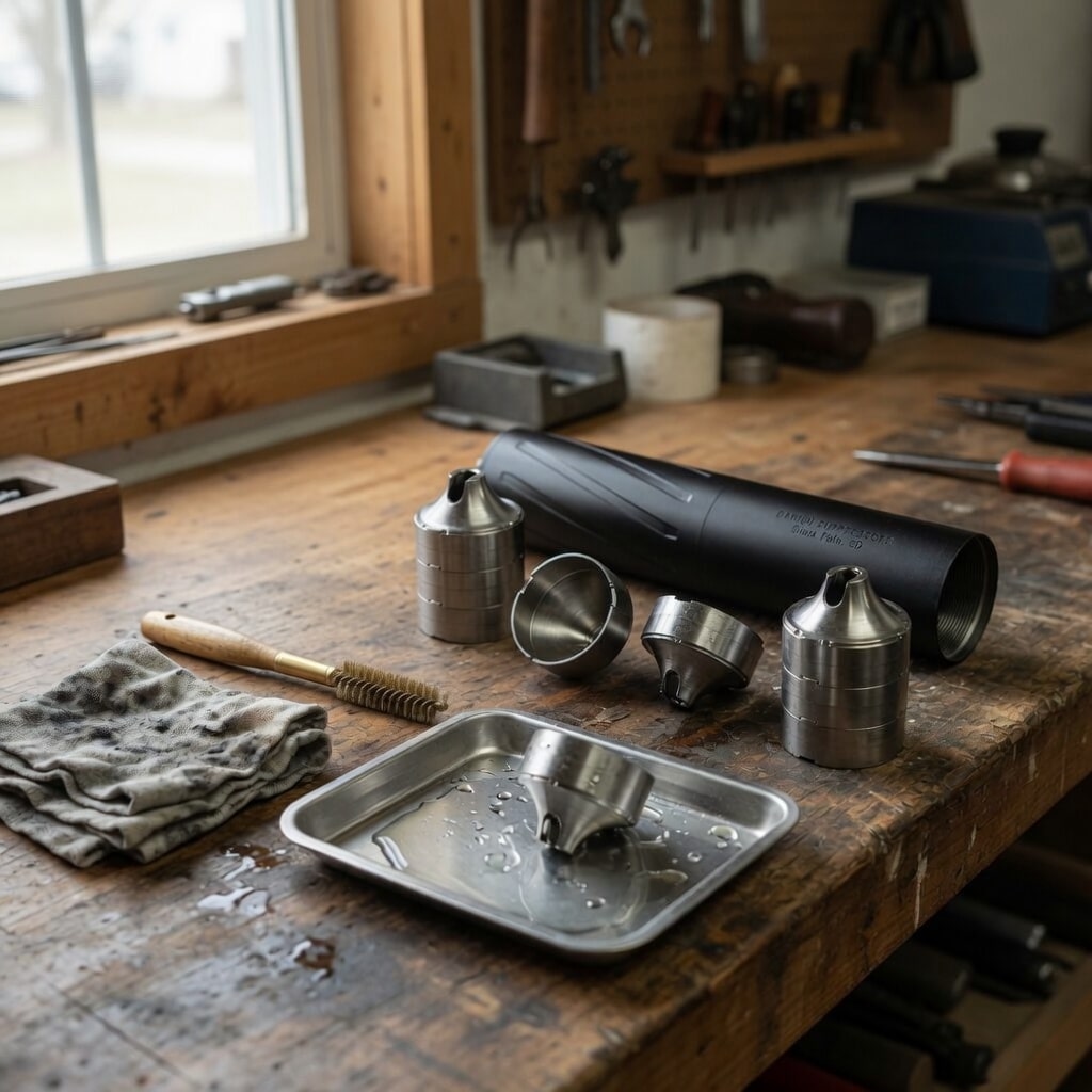 Workbench with metal pipe fittings and a black plastic duct, a metal tray, and a brush in a woodshop setting.