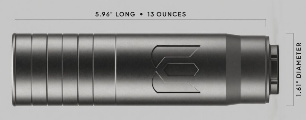 BANISH hnt 30 ss 3d - PopularSuppressors Horizontal stainless steel cylinder with dimension labels: 5.96 inches long and 1.6 inches diameter.